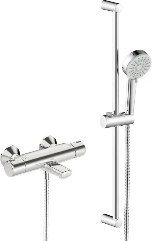 HANSABASIC Armatur für Wanne und Dusche, mit Handbrause, Halterung und flexibler Schlauchverbindung. Ausführung in Chrom, geeignet für Wandmontage.